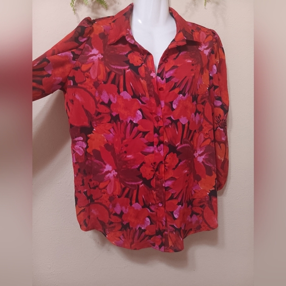 Red and Pink Puff Sleeve Blouse with Notched Collar - Picture 9 of 14